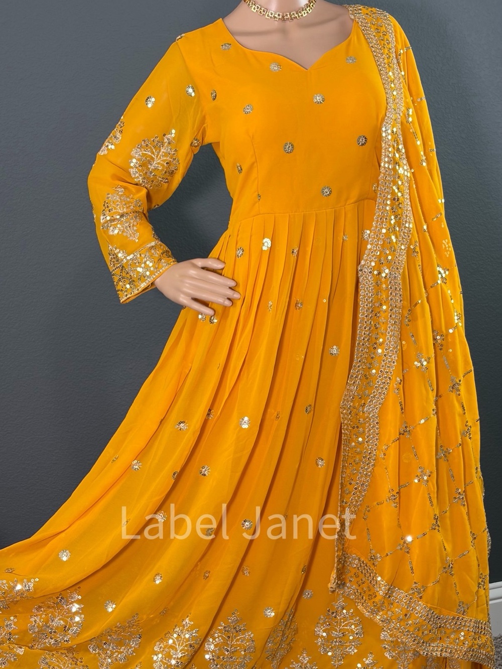 Brand new Golden Mustard Embellished Anarkali Dress with Dupatta,Bust - M upto L